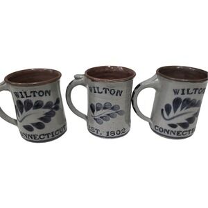 3 Vintage Harvey Pottery Salted Glaze Stoneware Wilton Ct. 1802 Mug Blue Cup Tea